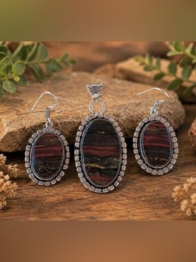 Iron Tiger’s Eye Sterling Silver Pendant & Earring Set